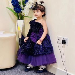 Girl Dresses Purple Sequins Glitter Flower Dress For Wedding Single Shoulder Tulle Puffy Birthday Pageant First Communion Ball Gowns