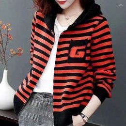 Women's Hoodies Casual Hooded Zipper Knitted Pullovers Female Clothing Korean Striped Autumn Winter Fashion Pockets Spliced Loose