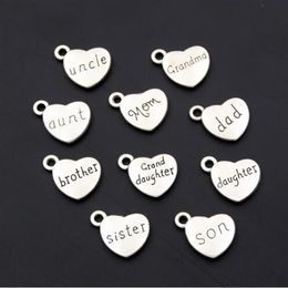 100pcs Antique Silver Mom Dad Son Heart Charms Family Member Pendants Bracelet Necklace Festival Jewellery Making Accessories DIY 17299y