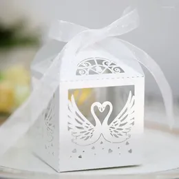 Gift Wrap 50Pcs Laser Cut Swans Candy Box Sweet Wedding Favour Packaging With Ribbon Baptism Birthday Engagement