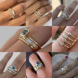 Boho 4pcs set Luxury Blue Crystal Rings for Women Fashion Yellow Gold Color Wedding Jewelry Accessories Gifts Promise Ring256D
