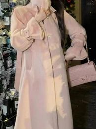 Women's Fur Winter Fashion Pink Single-breasted Faux Mink Overcoats For Women Stand Collar Loose Belt Warm Long Jackets Female Outwears