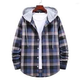 Men's Casual Shirts Men Loose Plaid Shirt Hooded Oversized Clothes European American Style Handsome Holiday Checked