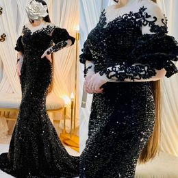 Mermaid Illusion Elegant Mother of the Bride Dresses Black Long Sleeves Sequined Lace Beaded Crystals Mother's Dress African Arabic Evening Gowns M145