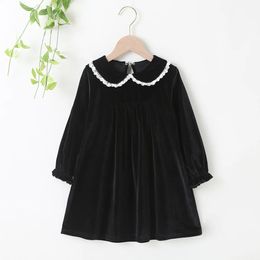 Girl's Dresses Autumn Winter Dress Long Sleeve Peter Pan Collar Lace Velvet Green Black Cute Sweet Baby Girls Dress Vestidos 2-6T 231204