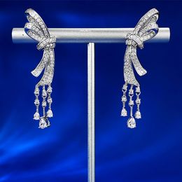 Bowknot Moissanite Diamond Dangle Earring 100% Real 925 Sterling Silver Wedding Drop Earrings for Women Bridal Jewelry Gift
