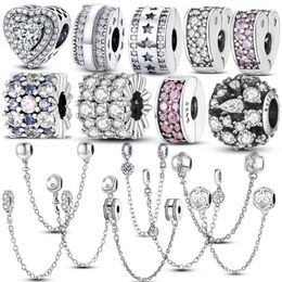 Loose Gemstones 925 Sterling Sliver Clasp CZ Pave Clip Charm Spacer Daisy Bead Stopper Fit Original Bracelet Jewellery