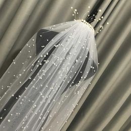 Women Tulle Bridal Veil Pearl Wedding 1 Tier Short long veil White ivory wedding accessories With comb X07262670