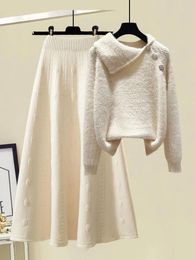 Work Dresses 2023 Fall Winter Knitted Two Piece Sets For Women Outfits Ladies Elegant Long Sleeve Mink Velvet Knitwear Sweater And Skirt