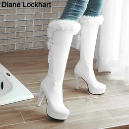 Boots Fashion Fur Knee High Boot's Round Toe Winter Heel Long Boot Keep Warm Shoe Stilettos Bottes White 231204