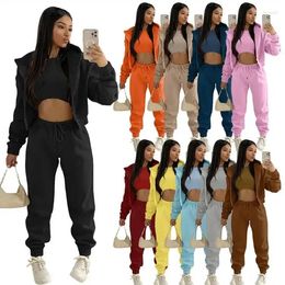 Women's Two Piece Pants Fall Winter 3 Pieces Sets Women Fleece Tracksuits Long Sleeve Sweatsuits Casual Hooded Jacket Vest Sports Suit 8686