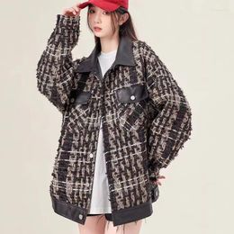 Women's Jackets Lucyever 2024 Spring Weave Women Jacket Vintage Loose Woolen Plaid Coat Ladies Korean Style Wild PU Spliced Lapels