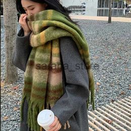 Scarves Mohair Plaid Scarf Women Green Scarves Winter Thick Tassel Shawl Warm Rainbow Plaid Christmas Muffler Scarf J231204