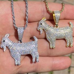 14K Real Solid Copper GOAT Pendant Bling Cubic Zirconia Necklace with 3mm 24inch Rope Iced ICY Gold Silver HipHop Mens174B