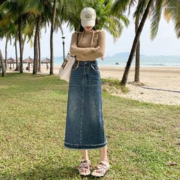 Skirts 2023 Arrival Split Burr Hem Denim Skirt Women Vintage Oblique Pocket Blue A Line Casual High Wasit Mid Calf Dress