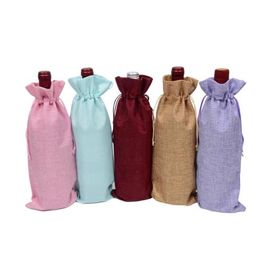 Ship 15 35cm Rustic Natural Jute Burlap Wine Bags Drawstring Wine Bottle Covers Weddings Party Champagne Linen Wine Gift Pack212k