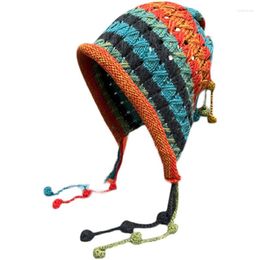 Berets Stripe Pattern Ethnic Retro Handmade Crochet Hat Women Windproof Winter Warm Colorful Tassel Beanie Skating Camping Cap