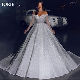 Urban Sexy Dresses LORIE Arabia Glitter Princess Wedding Off Shoulder Sparkly Long Sleeves Bridal Gowns A Line Dubai Pageant Bride Dress 231202