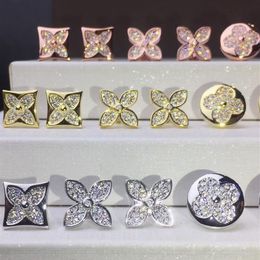 Womens Designer Stud Earrings Fashion Four-leaf Clover Earrings 18K Gold Square Round Full Diamond Earring Jewelry222Z