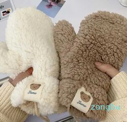Five Fingers Gloves Kaii Plush Warm Gs Soft Winter Thick Fingerless Korean Janese Bear Gs With Ropes Casual Outdoor Riding Mittens WarmL