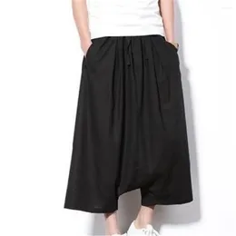 Men's Pants 2024 Korean Style Baggy Men Wide Crotch Harem Cotton Linen Loose Large Cropped Trousers Wide-legged Bloomers