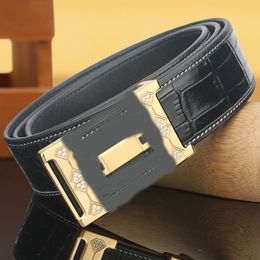 High end crocodile pattern inlaid rhintone belt men's leather smooth buckle fashionable top layer cowhide genuine H-buckle pants belt