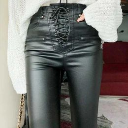 Women's Pants PU Leather Trousers Lace-up High Waist Skinny Pencil Zipper Cuff Faux Winter Brand 2023 Women Fashion