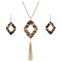 Earrings & Necklace Long For Women Leopard Print Cheetah Leather Drop Dangle Set Geometric Pendant Fringe Tassel281E