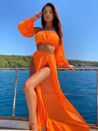 Women's Swimwear Colourful Sexy Long Sleeve Short Tops Soft Chiffon Skirt Two Piece 2023 Autumn Summer Party Outfit Women Beachwear Cover Up