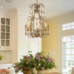 Chandeliers French Countryside Crystal Antique Gold Traditional Candle Style Chandelier With Glass Droplets For Dining Room