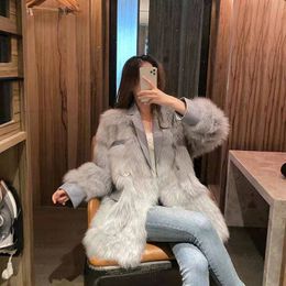 2024 New Women's Leather and fur Faux Fox Fur Grass Coat Women's Mid length Young New Fashion Loose Thickened Fur Coat