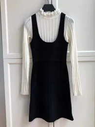 Sa odr-o autumn/winter new fake two-piece wool black and white Colour matching ruffle collar and hem patchwork flocked vest dress