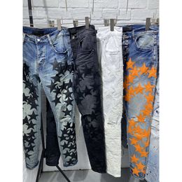 Men's Jeans Luxurys Designer Mens Fashion Slim-leg Five Star Biker Pants Distressed Water Diamond Stripes Denim Trousers Top Quality Size 29-40