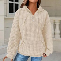 Women's Hoodies Drawstring Buttons Neckline Sweatshirt Stylish Hooded Coat With Long Sleeve Sport Tops Waffle Texture