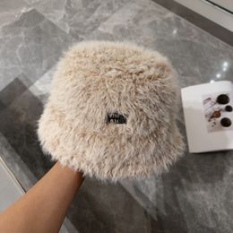 Luxury Bucket Hat Women Winter Fluffy Plush Warm Fisherman Hat Metal Letter Warm Thicken Beanies Hat