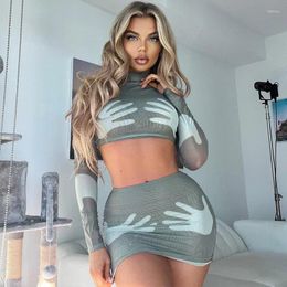 Skirts 2 Piece Dress Sets Summer Autumn Women Long Sleeves Crop Top Sexy Slim Streetwear Casual Fashion Outfits