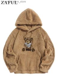 Men's Hoodies Sweatshirts ZAFUL Hooded Hoodies for Men Fluffy Teddy Bear Pattern Sweatshirts Fall Winter Streetwear Pullover Casual Long Sleeves Tops NEW Q231204