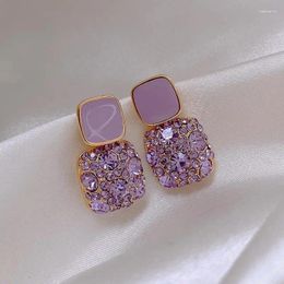 Stud Earrings S925 Silver Needle Purple Retro Square Rhinestone Dripping Oil Trendy Temperament Net Red Women's Jewellery Brincos