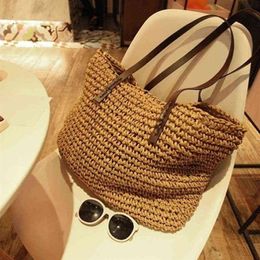 Women Summer Beach Vintage Handmade Knitted Straw Rattan Bag Large Shoulder Bags Boho Woven Handbag Tote Bolso Playa G220210287K