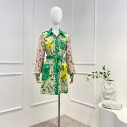 Casual Dresses 2023 Spring Summer Green Yellow Floral Printing Patchwork Turn-down Collar Vintage Mini Dress Women Holiday