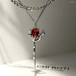 Pendant Necklaces Double Layer Red Zircon Rose Necklace Y2K Layered Flower Stone Chain Irregular Floral Aesthetic Egirl