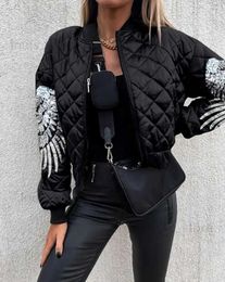 Women's Jackets Autumn Winter Bomber Jackets for Women Streetwear Baseball Coat Contrast Sequin Angel Wings Pattern Quilted Puffer Jacket T231204