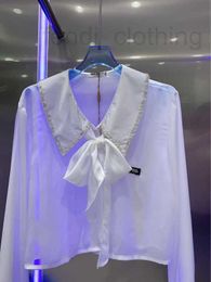 Women's Blouses & Shirts Designer Brand miumius Shirt for Women Label Letter Pearl Diamond Decorative Small Lapel Long Sleeve Silk Short IH42