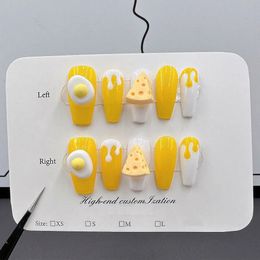 False Nails MAGO Handmade Press on Full Cover Professional Nails Cartoon 3D egg yolk cheese cute medium-length reusable finished fake nails 231204