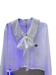 Women's Blouses & Shirts Designer Brand miumius Style Label Letter Pearl Diamond Decorative Small Lapel Long Sleeve Silk Short Shirt for Women HUF4