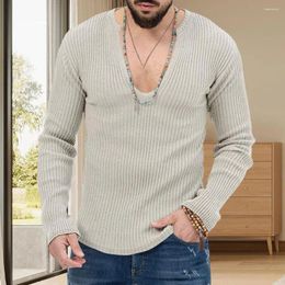 Men's Sweaters Men Cotton Blend Sweater Long Sleeve Deep V Neck Knit With Ribbed Sleeves Slim Fit Solid For Fall