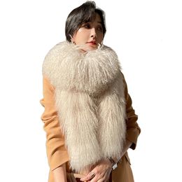 Scarves ZDFURS* Korean Quality mongolian fur Tibet sheep fur scarf Double-Sided Whole skin Long Fur Scarf Fur Collar Fur Scarf Thickened 231204