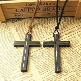 Solid wood cross pendant necklace vintage leather cord sweater chain Inlaid copper men women Jewellery handmade stylish Jesus Vintag245s