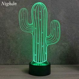 Night Lights Nighdn 3D Cactus Flower Night Light Lamp Illusion Led 7 Colour Changing Touch Remote Control Table Desk Decoration Lamps Gifts YQ231204