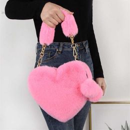 Evening Bags Faux Fur Winter Women Handbags Cute Plush Ladies Heart Shaped Shoulder Bag Cute Female Clutch Purse Love Handbags Mes334G